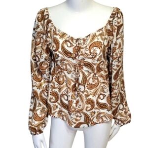 Rue 21 Brown & White Paisley Peasant Blouse Boho Smocked Off Shoulder Top